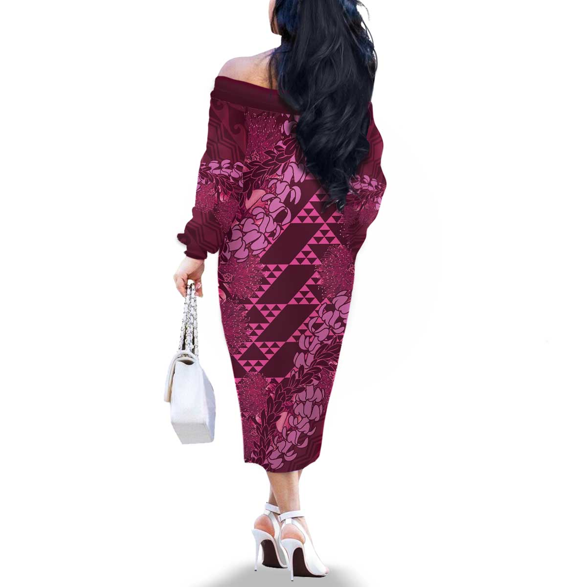 Pink Aloha Hawaii Family Matching Off The Shoulder Long Sleeve Dress and Hawaiian Shirt Hawaiian Kakau Ohia Lehua Lei LT14 - Polynesian Pride