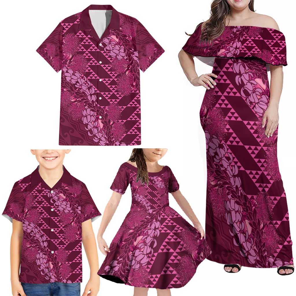 Pink Aloha Hawaii Family Matching Off Shoulder Maxi Dress and Hawaiian Shirt Hawaiian Kakau Ohia Lehua Lei LT14 - Polynesian Pride