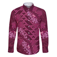 Pink Aloha Hawaii Family Matching Off Shoulder Maxi Dress and Hawaiian Shirt Hawaiian Kakau Ohia Lehua Lei LT14 Dad's Shirt - Long Sleeve Pink - Polynesian Pride
