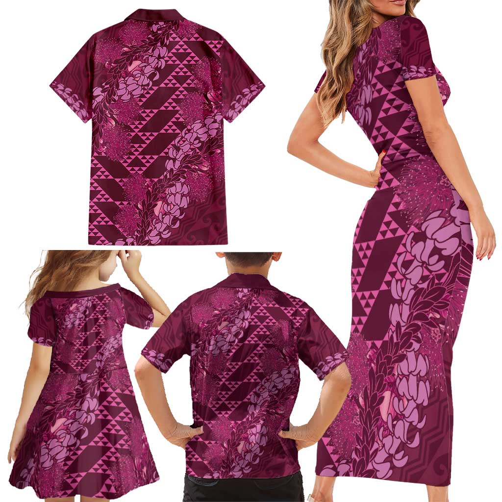Pink Aloha Hawaii Family Matching Short Sleeve Bodycon Dress and Hawaiian Shirt Hawaiian Kakau Ohia Lehua Lei LT14 - Polynesian Pride