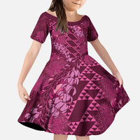 Pink Aloha Hawaii Kid Short Sleeve Dress Hawaiian Kakau Ohia Lehua Lei LT14 KID Pink - Polynesian Pride