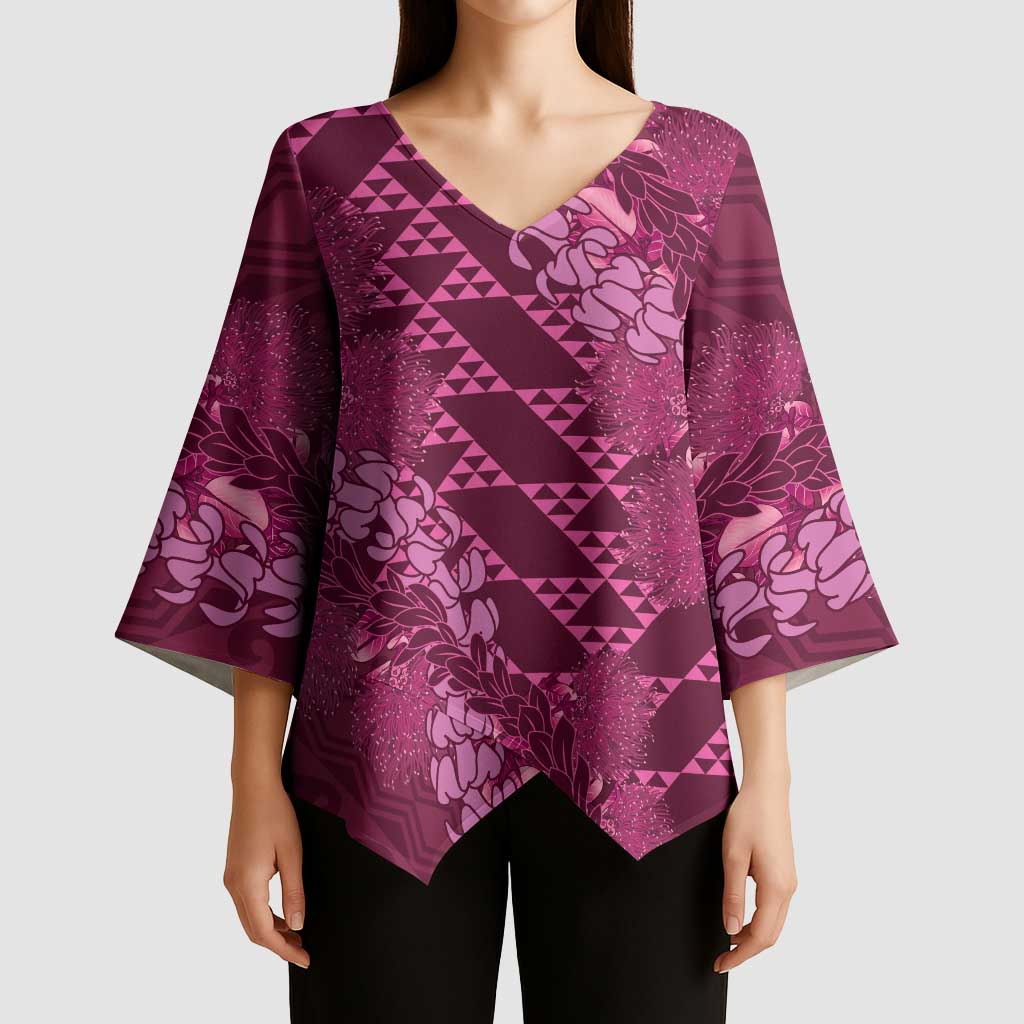 Pink Aloha Hawaii Kimono Sleeve Blouse Hawaiian Kakau Ohia Lehua Lei - Polynesian Pride