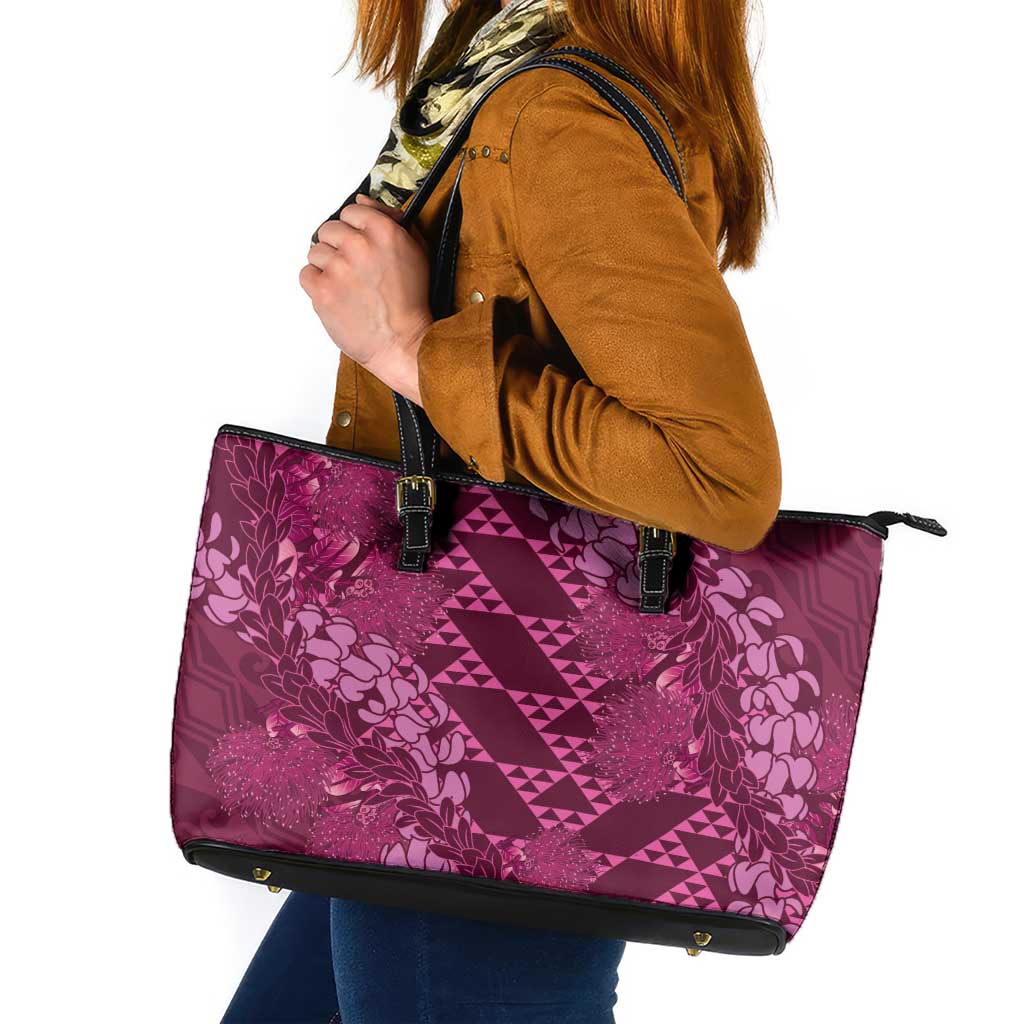Pink Aloha Hawaii Leather Tote Bag Hawaiian Kakau Ohia Lehua Lei - Polynesian Pride