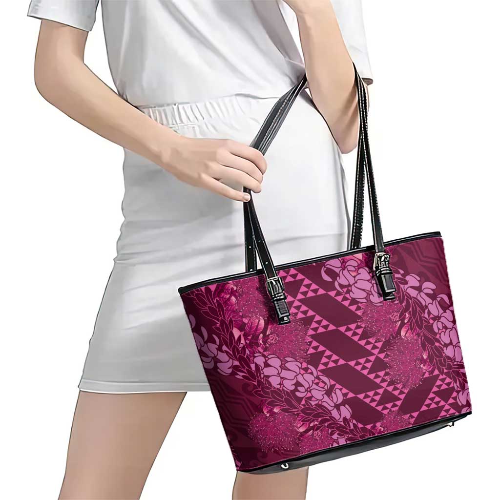 Pink Aloha Hawaii Leather Tote Bag Hawaiian Kakau Ohia Lehua Lei - Polynesian Pride