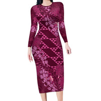 Pink Aloha Hawaii Long Sleeve Bodycon Dress Hawaiian Kakau Ohia Lehua Lei LT14 Long Dress Pink - Polynesian Pride
