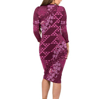 Pink Aloha Hawaii Long Sleeve Bodycon Dress Hawaiian Kakau Ohia Lehua Lei LT14 - Polynesian Pride