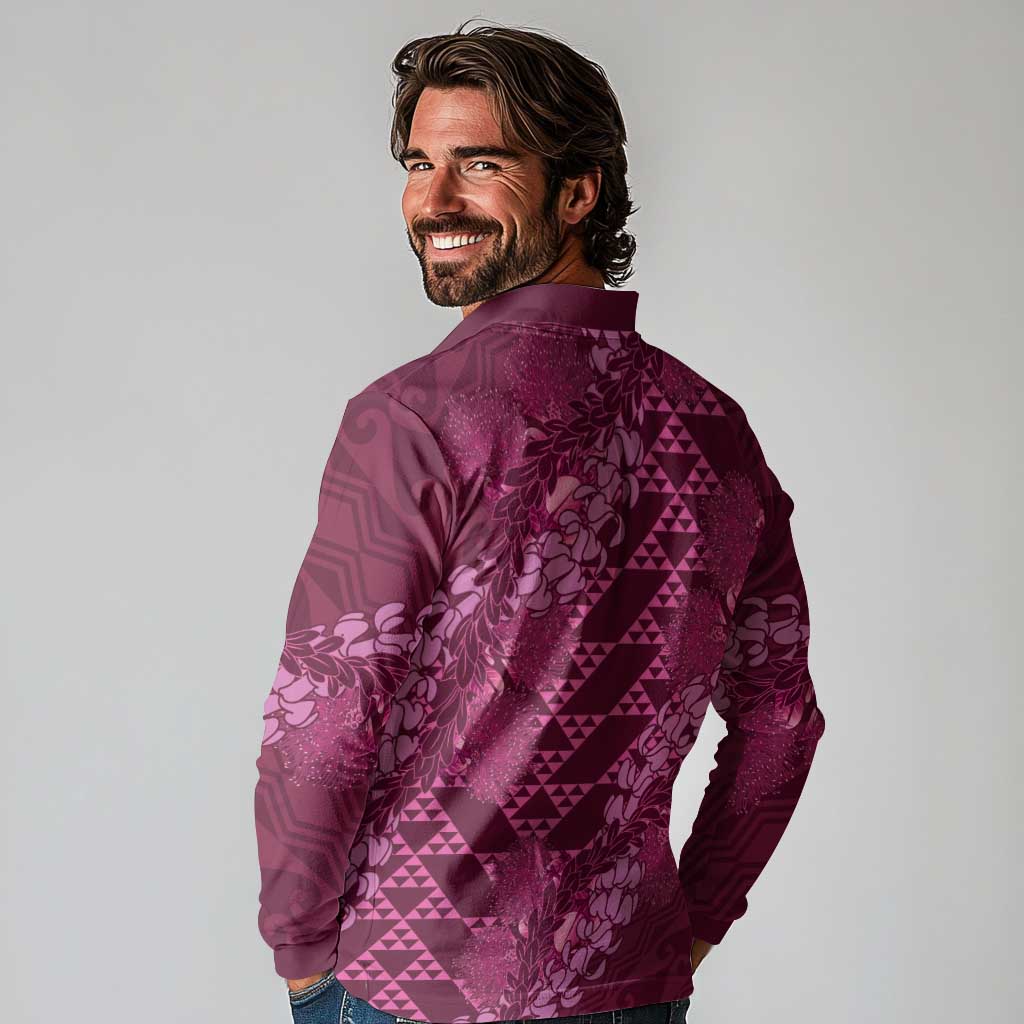 Pink Aloha Hawaii Long Sleeve Polo Shirt Hawaiian Kakau Ohia Lehua Lei LT14 - Polynesian Pride