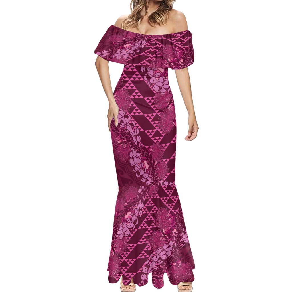 Pink Aloha Hawaii Mermaid Dress Hawaiian Kakau Ohia Lehua Lei LT14 - Polynesian Pride