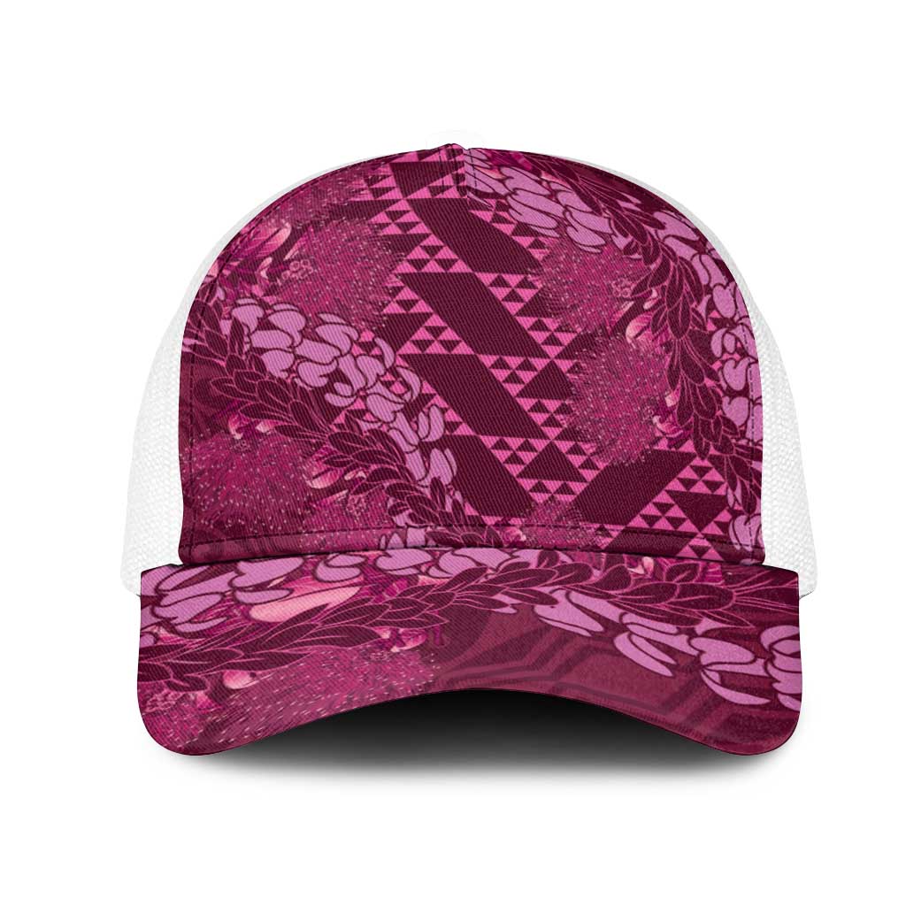 Pink Aloha Hawaii Mesh Trucker Cap Hawaiian Kakau Ohia Lehua Lei - Polynesian Pride