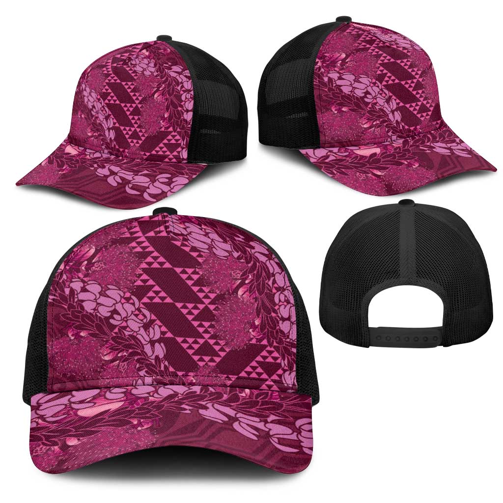 Pink Aloha Hawaii Mesh Trucker Cap Hawaiian Kakau Ohia Lehua Lei - Polynesian Pride