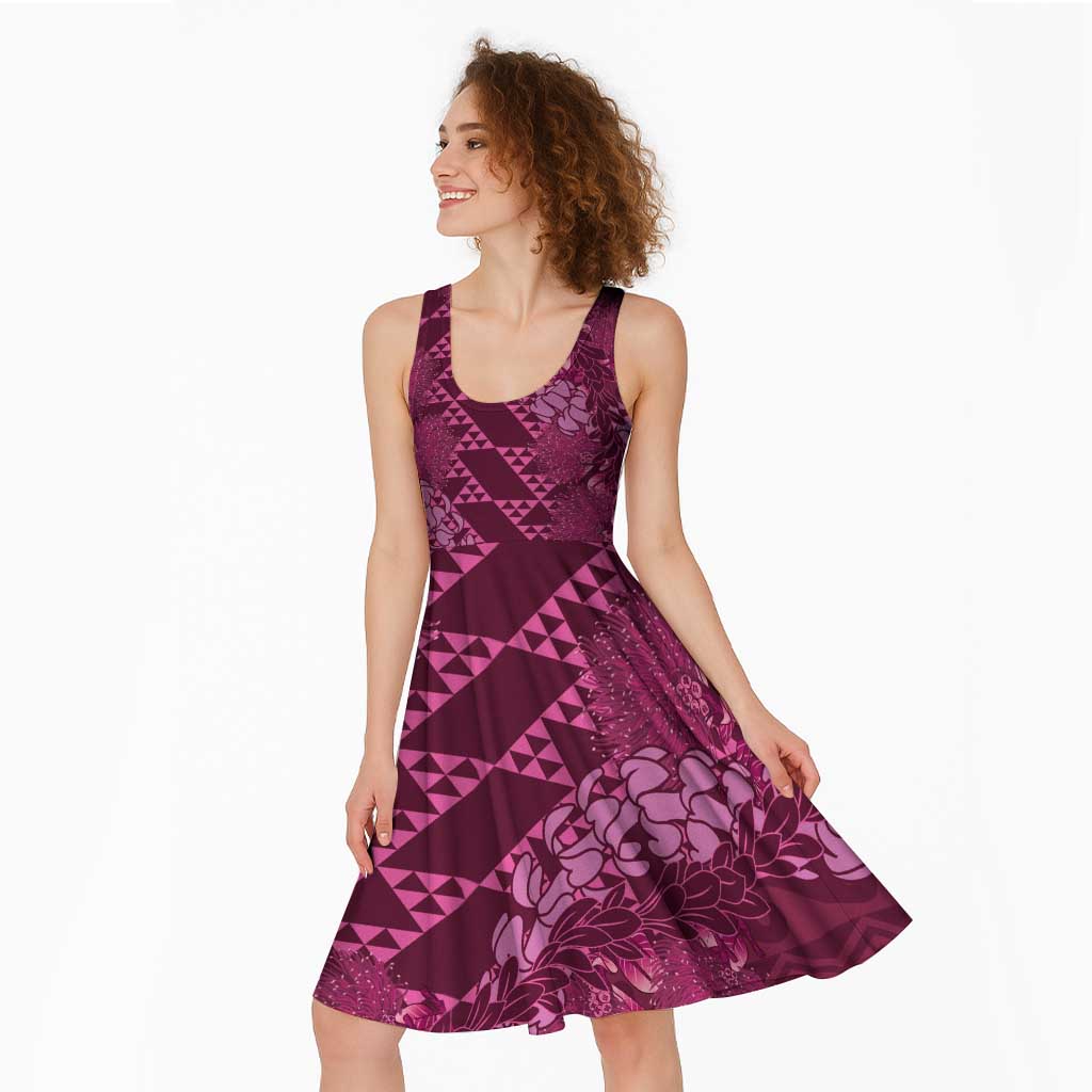 Pink Aloha Hawaii Midi Dress Hawaiian Kakau Ohia Lehua Lei - Polynesian Pride