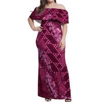 Pink Aloha Hawaii Off Shoulder Maxi Dress Hawaiian Kakau Ohia Lehua Lei LT14 Women Pink - Polynesian Pride