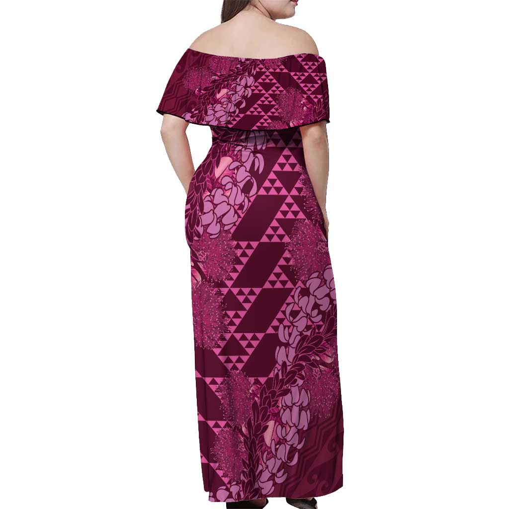 Pink Aloha Hawaii Off Shoulder Maxi Dress Hawaiian Kakau Ohia Lehua Lei LT14 - Polynesian Pride