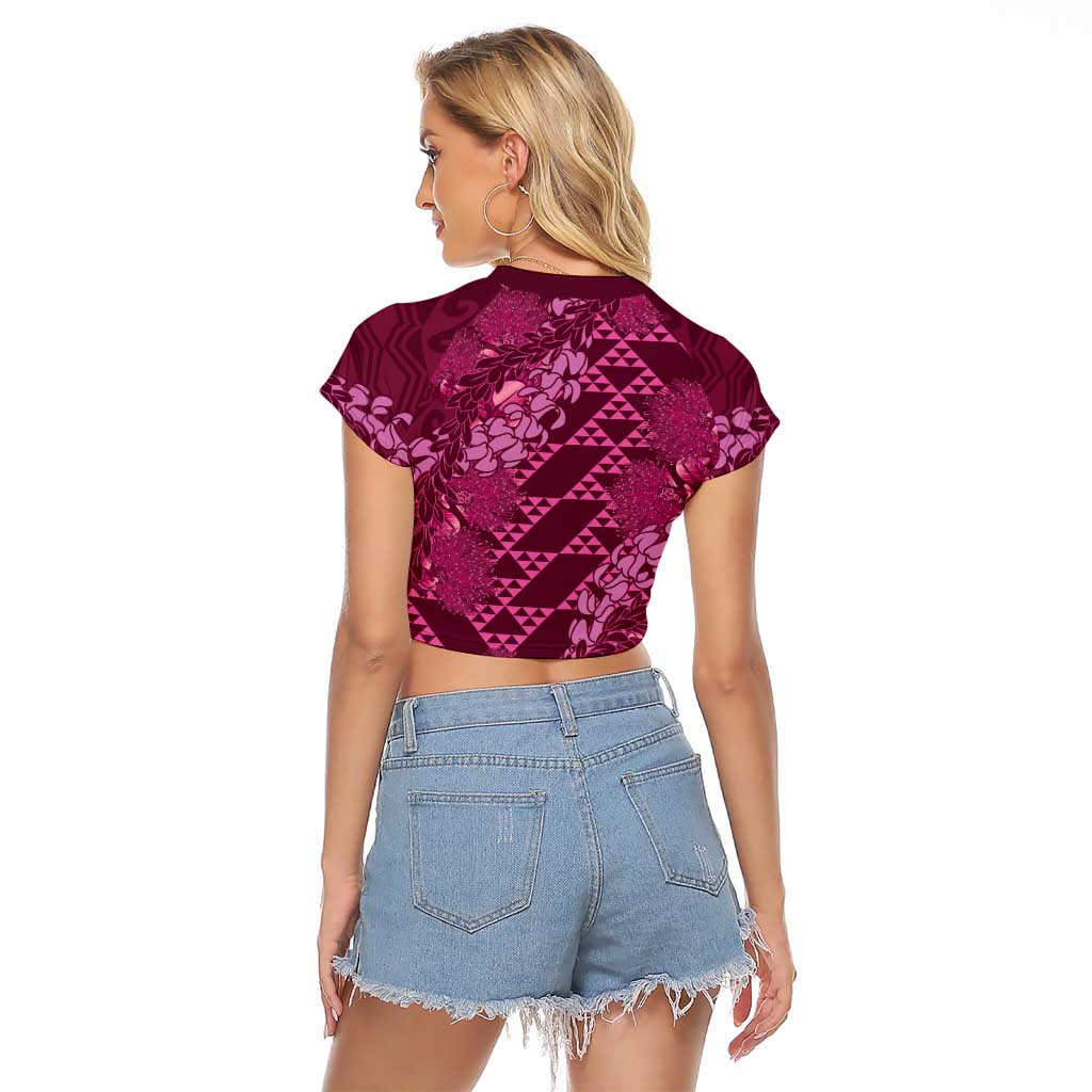 Pink Aloha Hawaii Raglan Cropped T Shirt Hawaiian Kakau Ohia Lehua Lei LT14 - Polynesian Pride