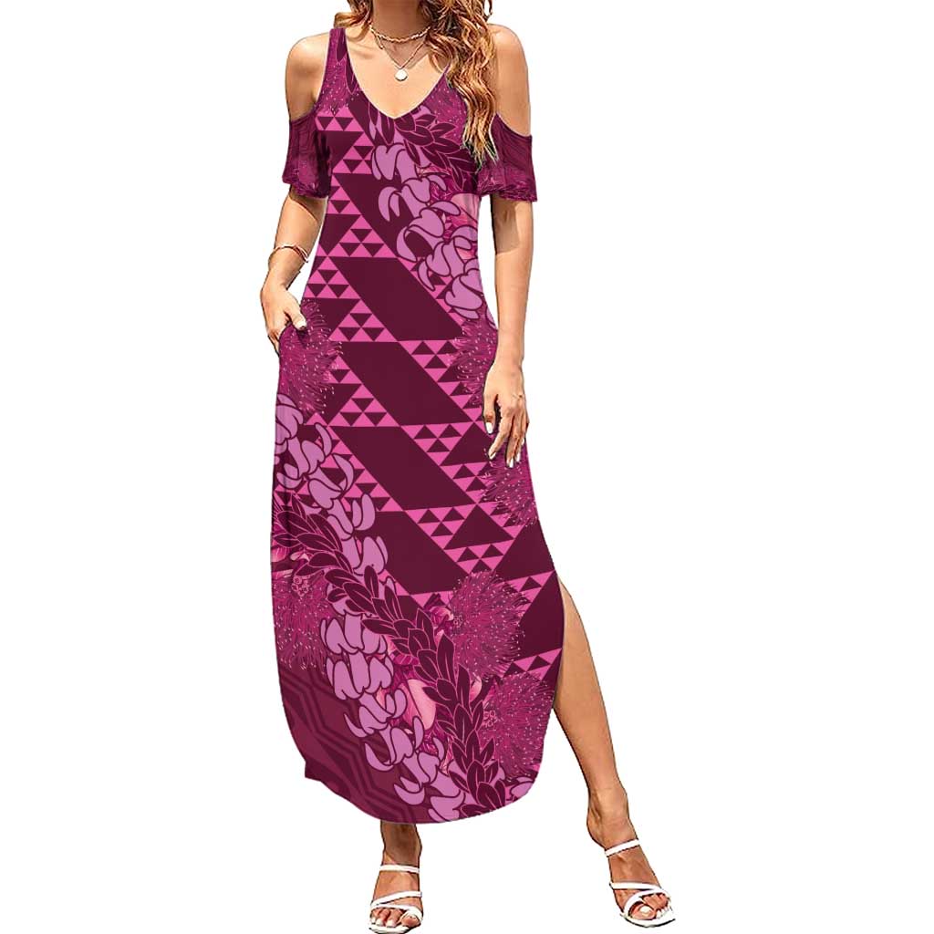 Pink Aloha Hawaii Summer Maxi Dress Hawaiian Kakau Ohia Lehua Lei LT14 Women Pink - Polynesian Pride