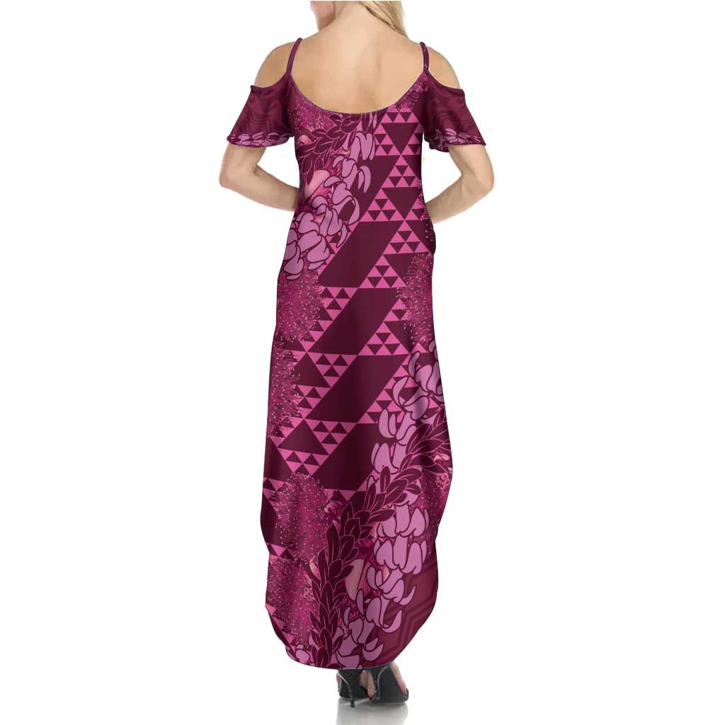 Pink Aloha Hawaii Summer Maxi Dress Hawaiian Kakau Ohia Lehua Lei LT14 - Polynesian Pride