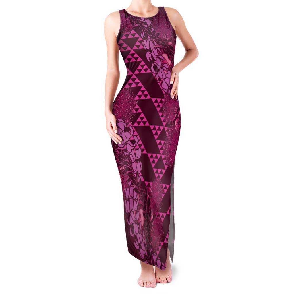 Pink Aloha Hawaii Tank Maxi Dress Hawaiian Kakau Ohia Lehua Lei LT14 Women Pink - Polynesian Pride