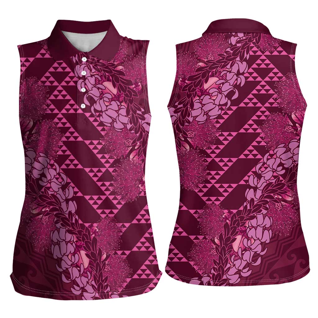 Pink Aloha Hawaii Women Sleeveless Polo Shirt Hawaiian Kakau Ohia Lehua Lei LT14 - Polynesian Pride