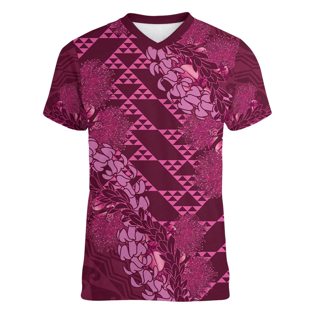 Pink Aloha Hawaii Women V-Neck T-Shirt Hawaiian Kakau Ohia Lehua Lei LT14 Female Pink - Polynesian Pride