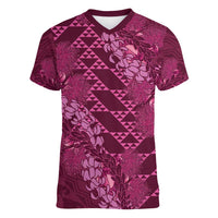 Pink Aloha Hawaii Women V-Neck T-Shirt Hawaiian Kakau Ohia Lehua Lei LT14 Female Pink - Polynesian Pride