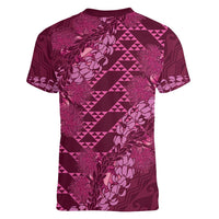 Pink Aloha Hawaii Women V-Neck T-Shirt Hawaiian Kakau Ohia Lehua Lei LT14 - Polynesian Pride