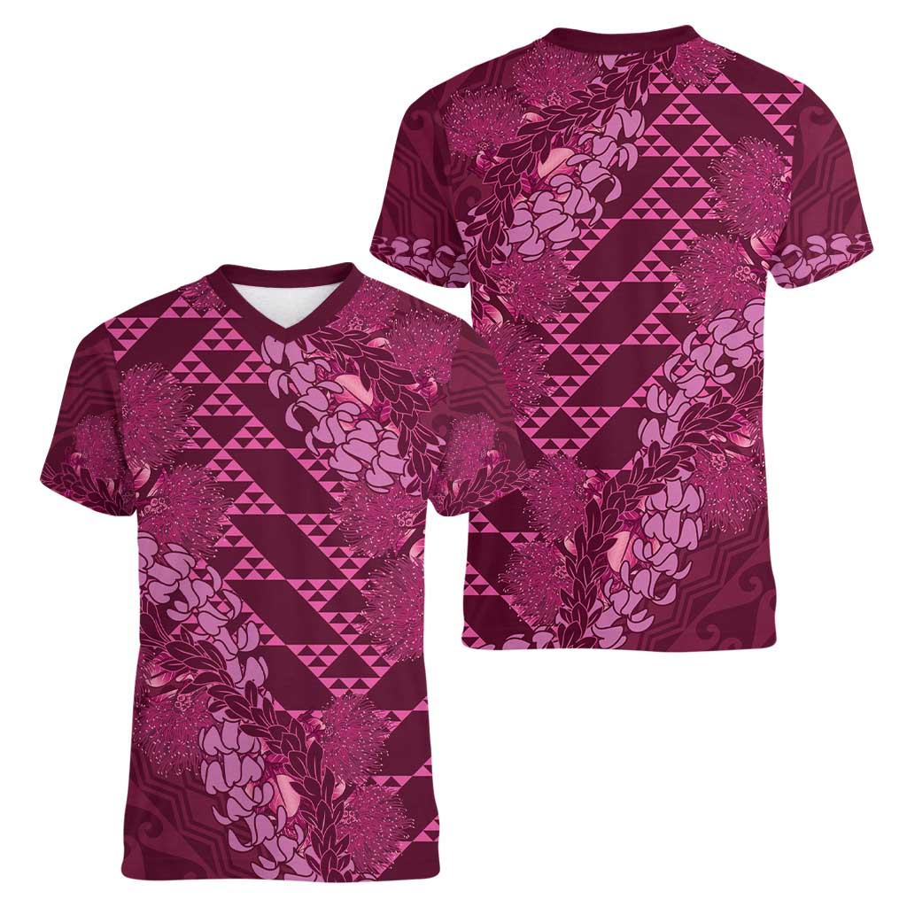 Pink Aloha Hawaii Women V-Neck T-Shirt Hawaiian Kakau Ohia Lehua Lei LT14 - Polynesian Pride