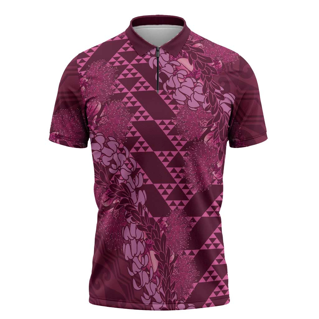 Pink Aloha Hawaii Zipper Polo Shirt Hawaiian Kakau Ohia Lehua Lei LT14 Pink - Polynesian Pride