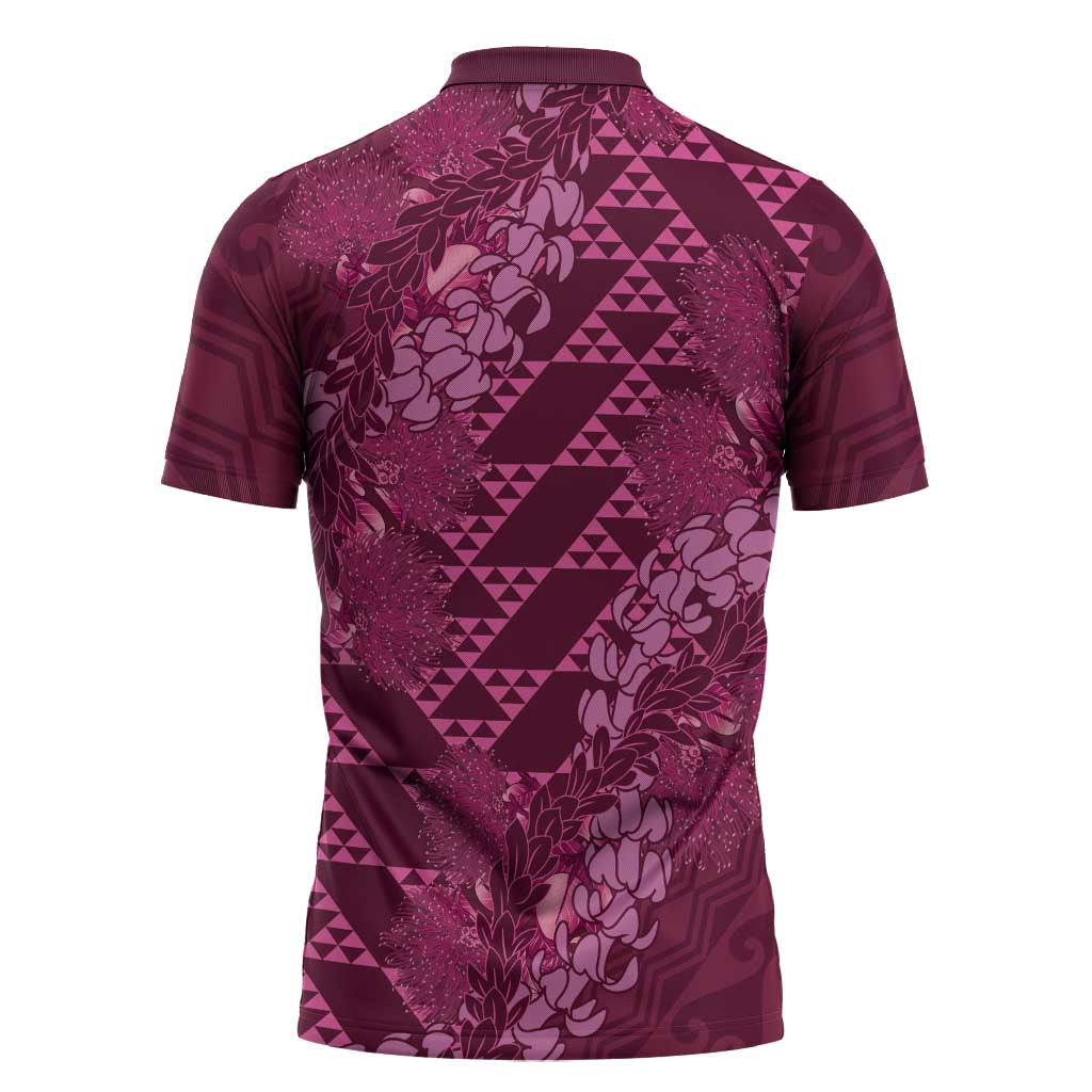 Pink Aloha Hawaii Zipper Polo Shirt Hawaiian Kakau Ohia Lehua Lei LT14 - Polynesian Pride