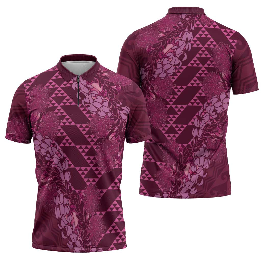 Pink Aloha Hawaii Zipper Polo Shirt Hawaiian Kakau Ohia Lehua Lei LT14 - Polynesian Pride