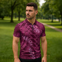 Pink Aloha Hawaii Zipper Polo Shirt Hawaiian Kakau Ohia Lehua Lei LT14 - Polynesian Pride