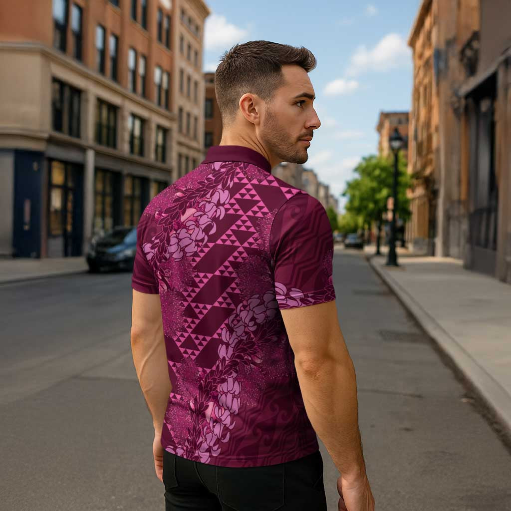 Pink Aloha Hawaii Zipper Polo Shirt Hawaiian Kakau Ohia Lehua Lei LT14 - Polynesian Pride
