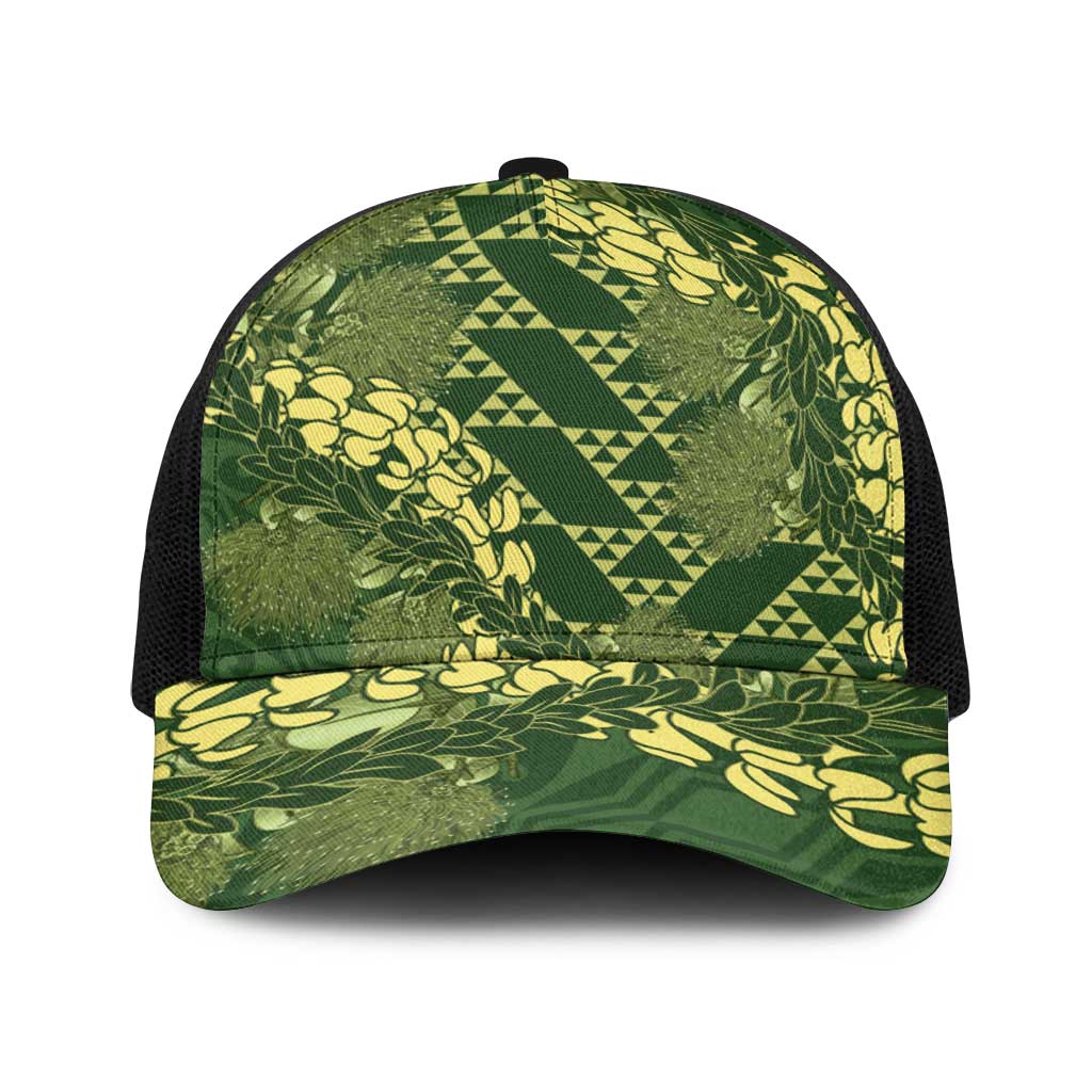 Green Aloha Hawaii Baseball Net Cap Hawaiian Kakau Ohia Lehua Lei - Polynesian Pride