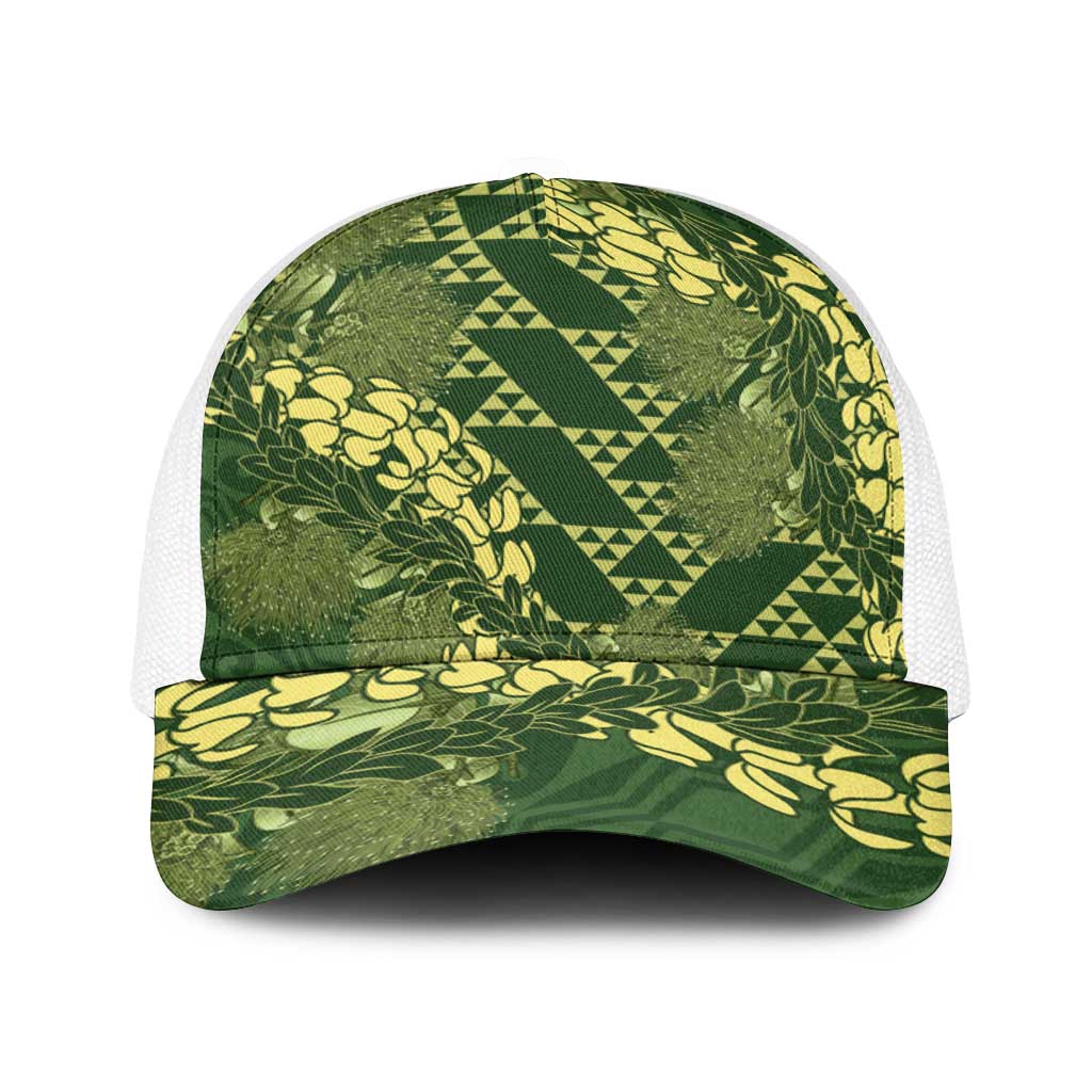 Green Aloha Hawaii Baseball Net Cap Hawaiian Kakau Ohia Lehua Lei - Polynesian Pride