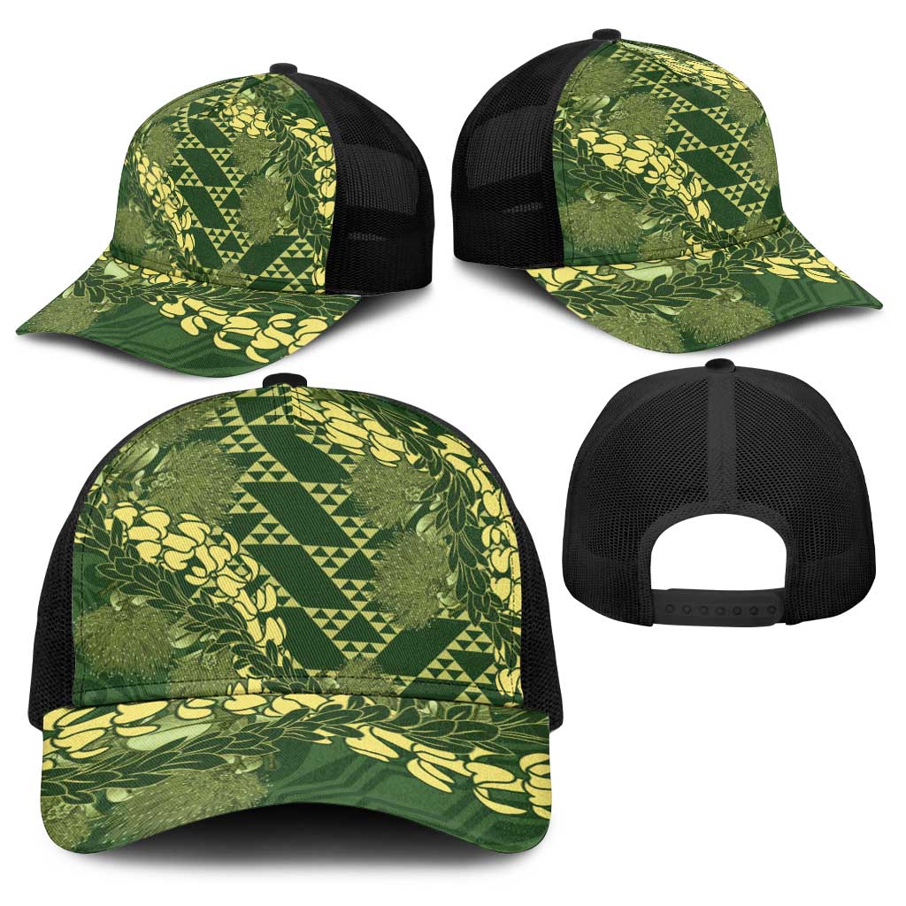Green Aloha Hawaii Baseball Net Cap Hawaiian Kakau Ohia Lehua Lei - Polynesian Pride