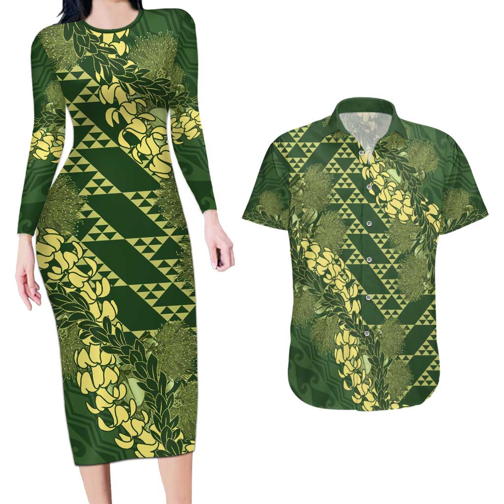 Green Aloha Hawaii Couples Matching Long Sleeve Bodycon Dress and Hawaiian Shirt Hawaiian Kakau Ohia Lehua Lei LT14 Green - Polynesian Pride