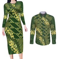 Green Aloha Hawaii Couples Matching Long Sleeve Bodycon Dress and Long Sleeve Button Shirt Hawaiian Kakau Ohia Lehua Lei LT14 Green - Polynesian Pride