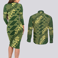 Green Aloha Hawaii Couples Matching Long Sleeve Bodycon Dress and Long Sleeve Button Shirt Hawaiian Kakau Ohia Lehua Lei LT14 - Polynesian Pride