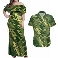 Green Aloha Hawaii Couples Matching Off Shoulder Maxi Dress and Hawaiian Shirt Hawaiian Kakau Ohia Lehua Lei LT14 Green - Polynesian Pride