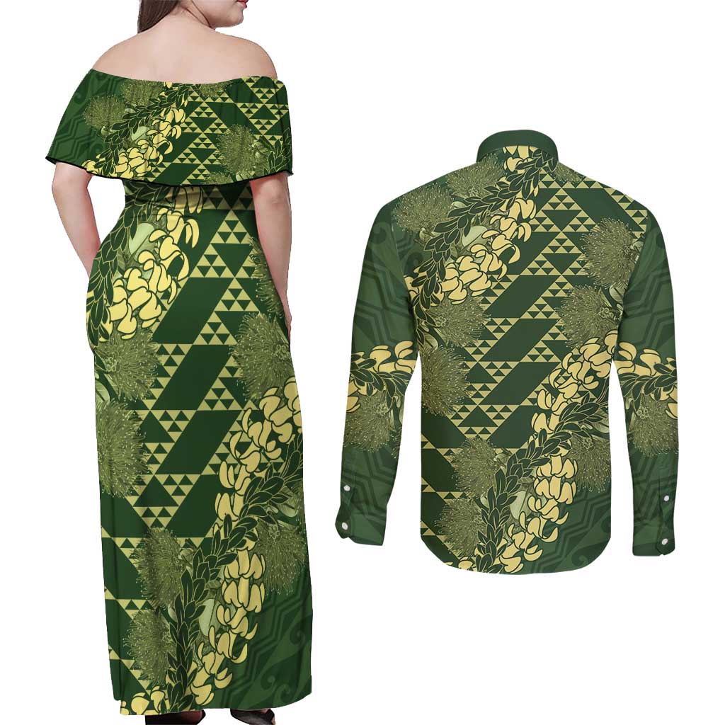 Green Aloha Hawaii Couples Matching Off Shoulder Maxi Dress and Long Sleeve Button Shirt Hawaiian Kakau Ohia Lehua Lei LT14 - Polynesian Pride
