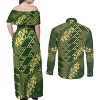 Green Aloha Hawaii Couples Matching Off Shoulder Maxi Dress and Long Sleeve Button Shirt Hawaiian Kakau Ohia Lehua Lei LT14 - Polynesian Pride