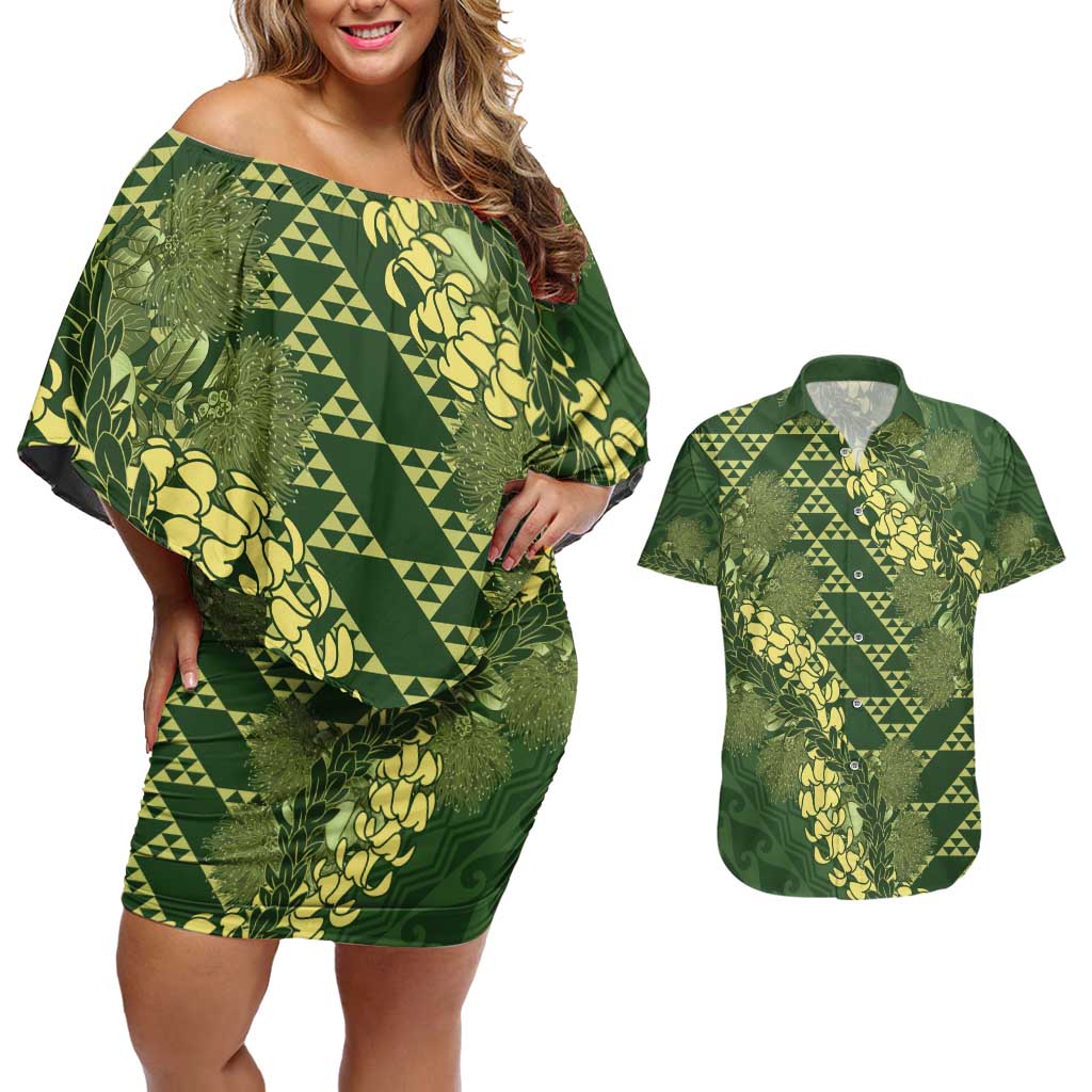 Green Aloha Hawaii Couples Matching Off Shoulder Short Dress and Hawaiian Shirt Hawaiian Kakau Ohia Lehua Lei LT14 Green - Polynesian Pride
