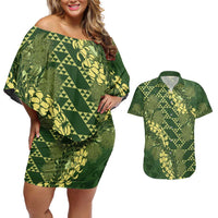 Green Aloha Hawaii Couples Matching Off Shoulder Short Dress and Hawaiian Shirt Hawaiian Kakau Ohia Lehua Lei LT14 Green - Polynesian Pride