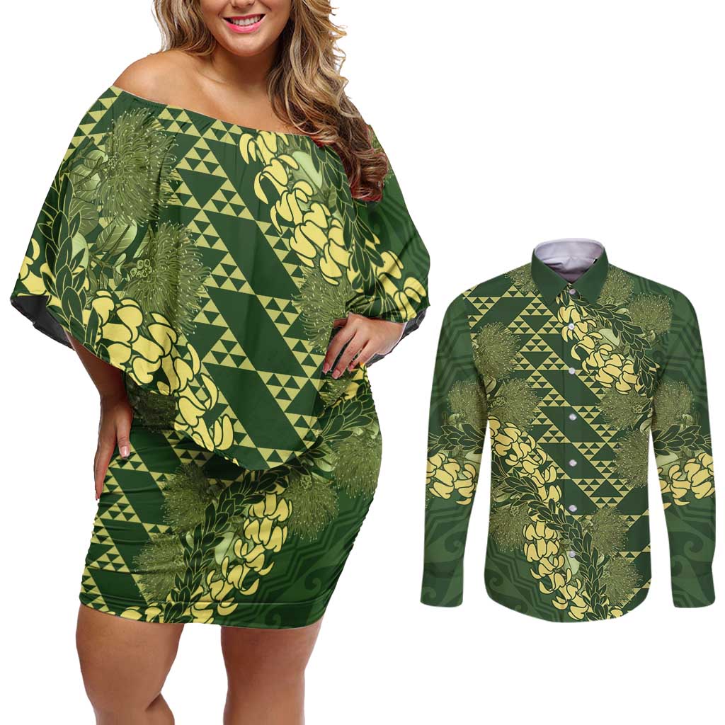 Green Aloha Hawaii Couples Matching Off Shoulder Short Dress and Long Sleeve Button Shirt Hawaiian Kakau Ohia Lehua Lei LT14 Green - Polynesian Pride