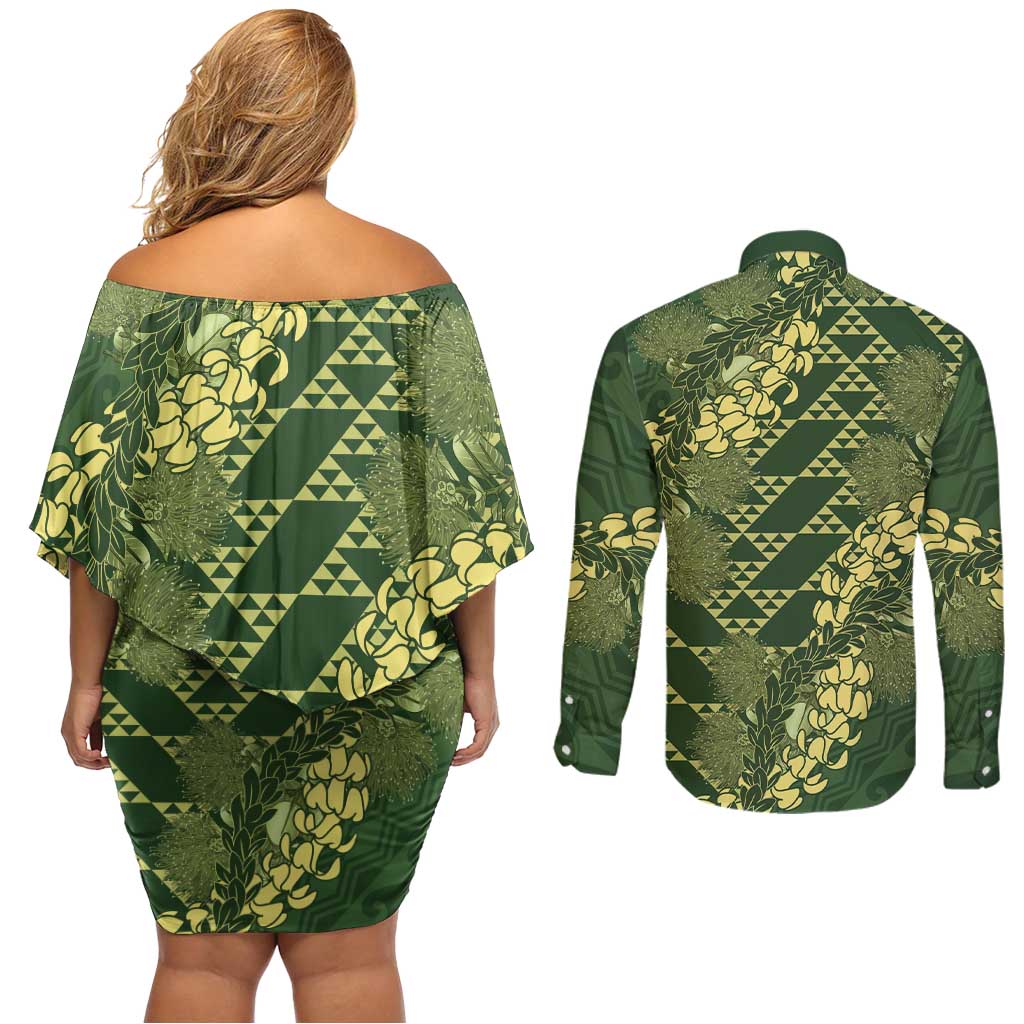 Green Aloha Hawaii Couples Matching Off Shoulder Short Dress and Long Sleeve Button Shirt Hawaiian Kakau Ohia Lehua Lei LT14 - Polynesian Pride