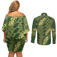 Green Aloha Hawaii Couples Matching Off Shoulder Short Dress and Long Sleeve Button Shirt Hawaiian Kakau Ohia Lehua Lei LT14 - Polynesian Pride