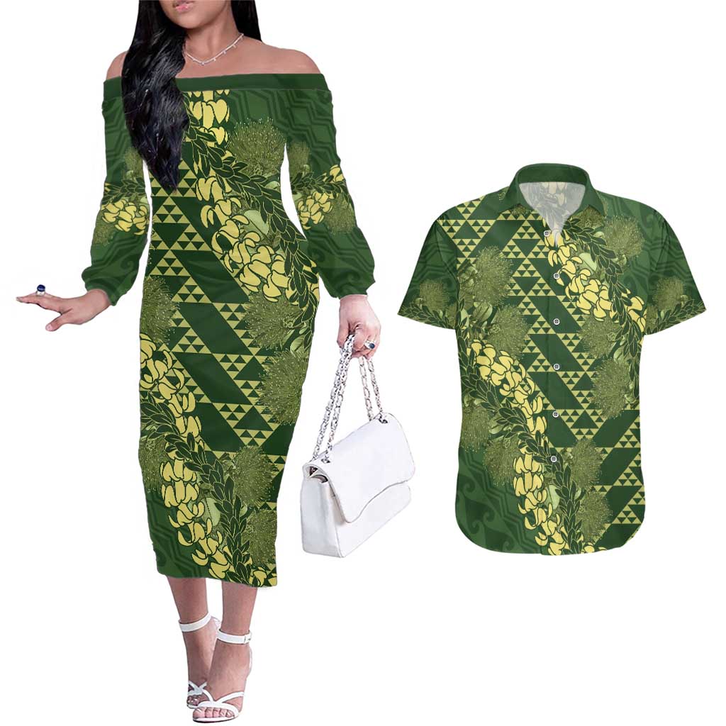 Green Aloha Hawaii Couples Matching Off The Shoulder Long Sleeve Dress and Hawaiian Shirt Hawaiian Kakau Ohia Lehua Lei LT14 Green - Polynesian Pride