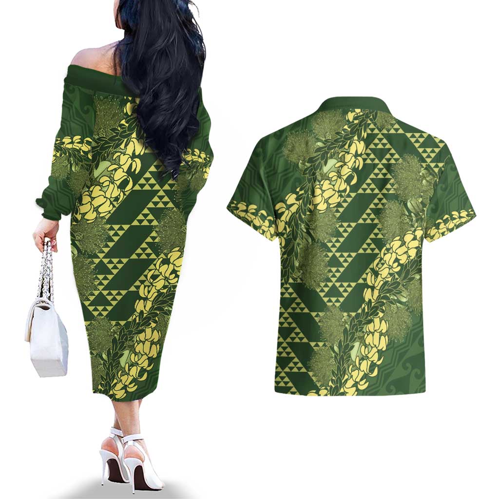 Green Aloha Hawaii Couples Matching Off The Shoulder Long Sleeve Dress and Hawaiian Shirt Hawaiian Kakau Ohia Lehua Lei LT14 - Polynesian Pride