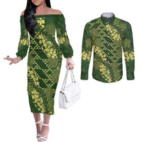 Green Aloha Hawaii Couples Matching Off The Shoulder Long Sleeve Dress and Long Sleeve Button Shirt Hawaiian Kakau Ohia Lehua Lei LT14 Green - Polynesian Pride