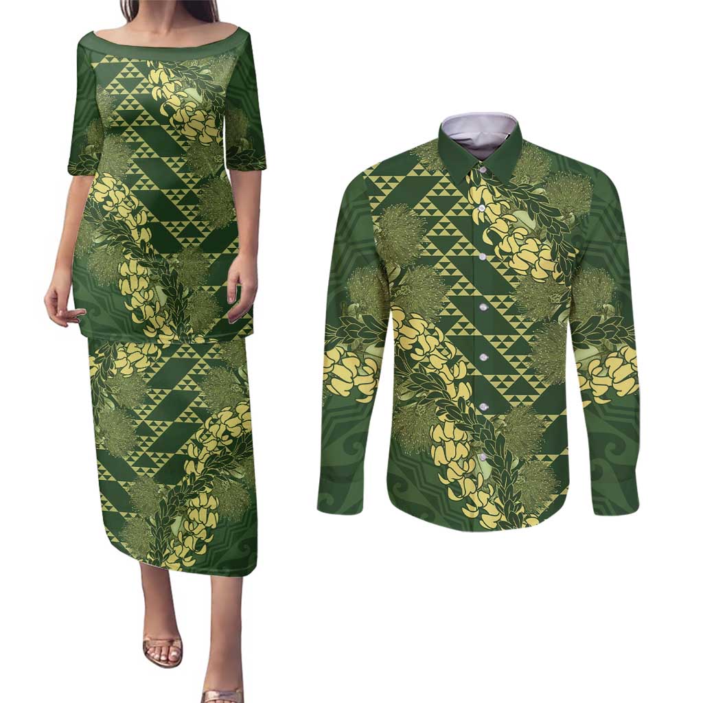 Green Aloha Hawaii Couples Matching Puletasi and Long Sleeve Button Shirt Hawaiian Kakau Ohia Lehua Lei - Polynesian Pride