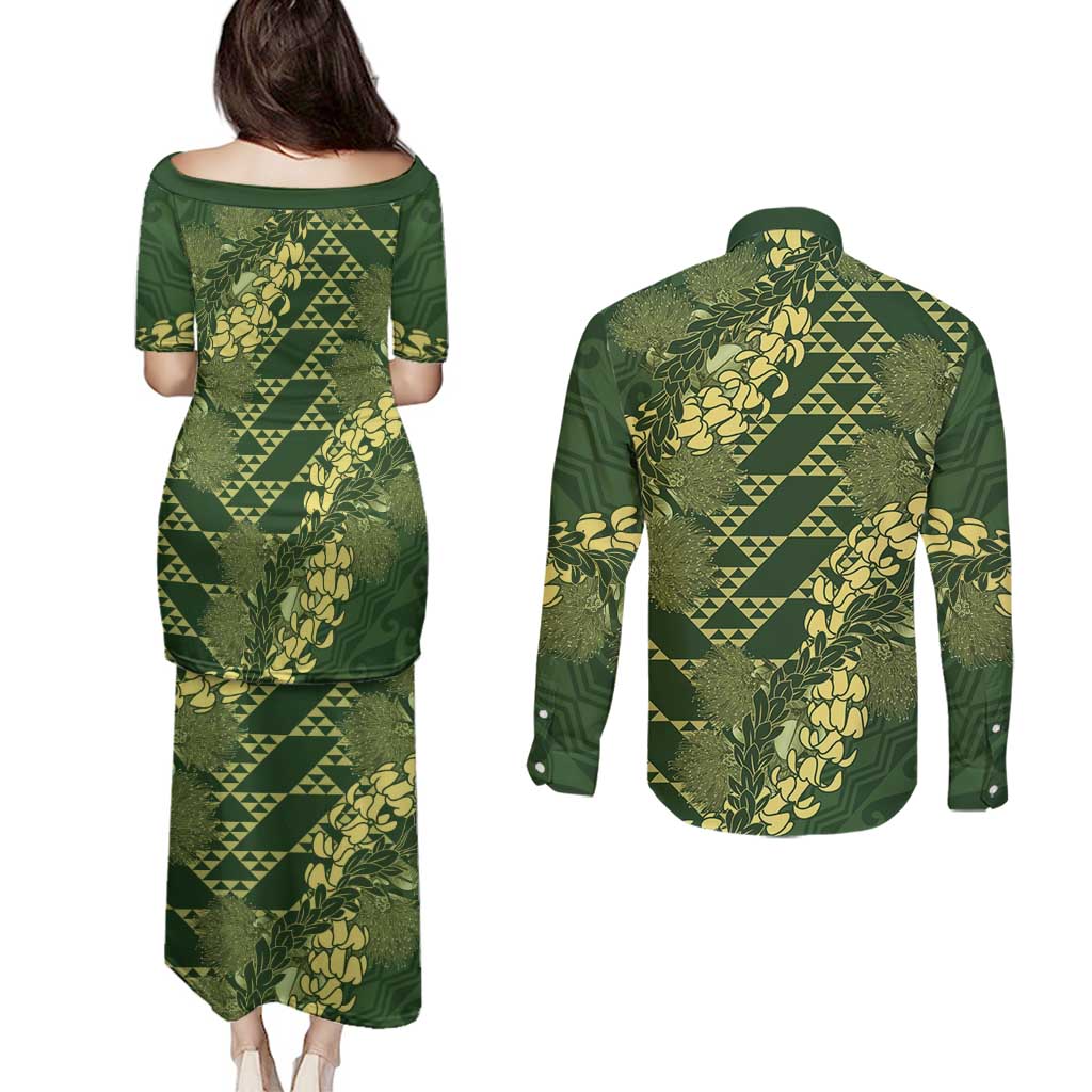Green Aloha Hawaii Couples Matching Puletasi and Long Sleeve Button Shirt Hawaiian Kakau Ohia Lehua Lei LT14 - Polynesian Pride